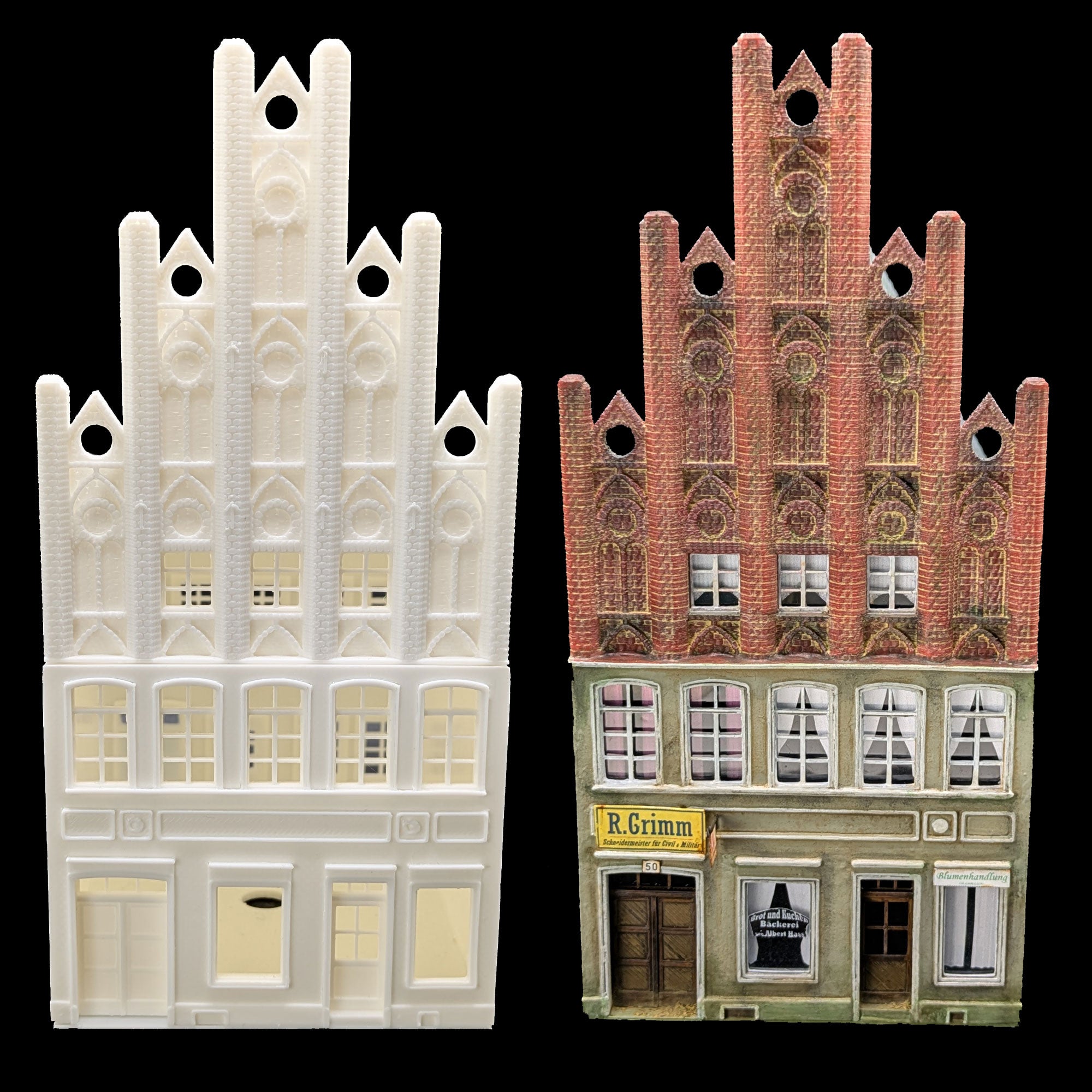 Ansicht der Front in bemaltem und unbemaltem Zustand zur Veranschaulichung der Gestaltungsmöglichkeiten.