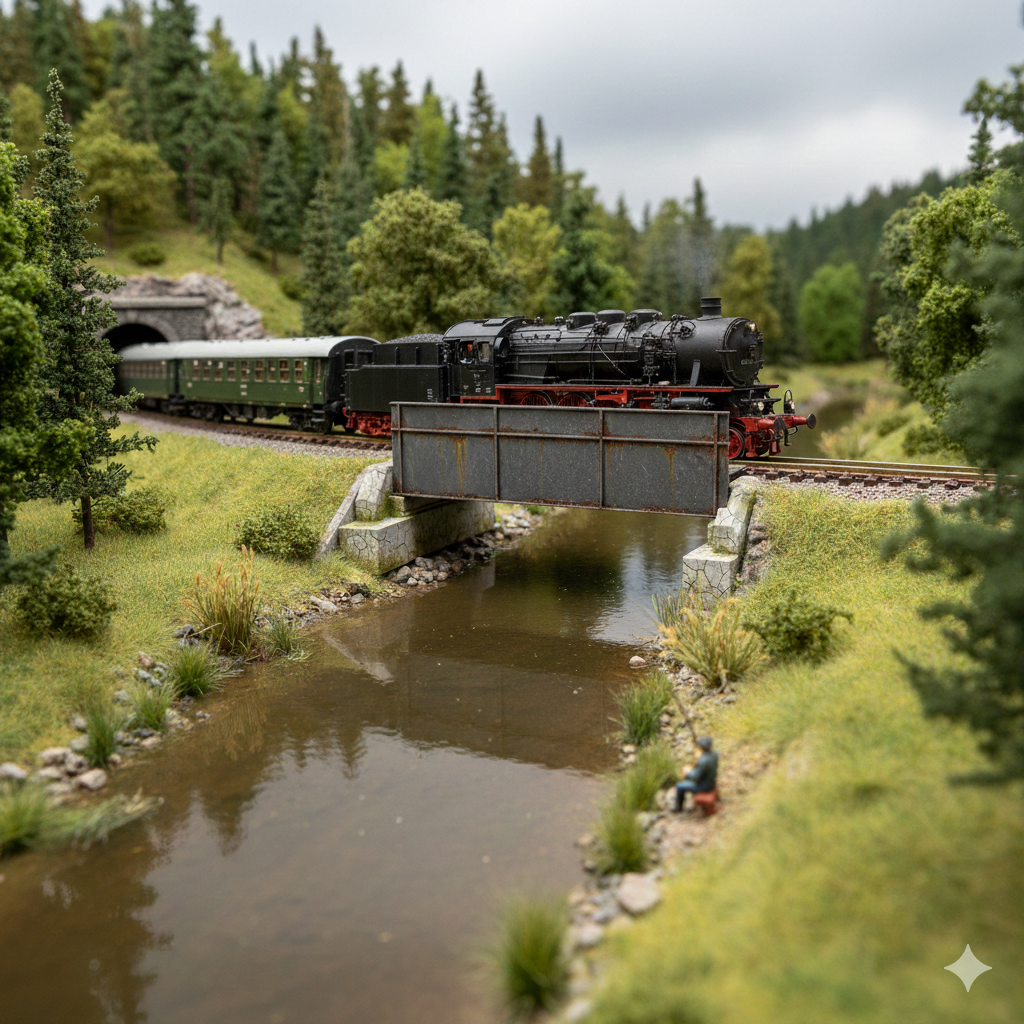 H0 Trogbrücke im Einsatz auf einer Modellanlage mit einer historischen Dampflokomotive und Personenwagen.