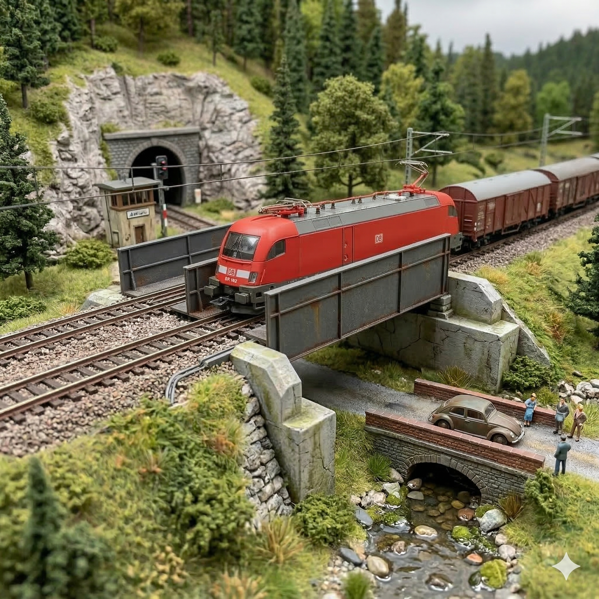 Maßstabsgetreue Darstellung der zweigleisigen H0 Trogbrücke mit einer roten DB BR 182 Elektrolokomotive zur Veranschaulichung der Dimensionen.