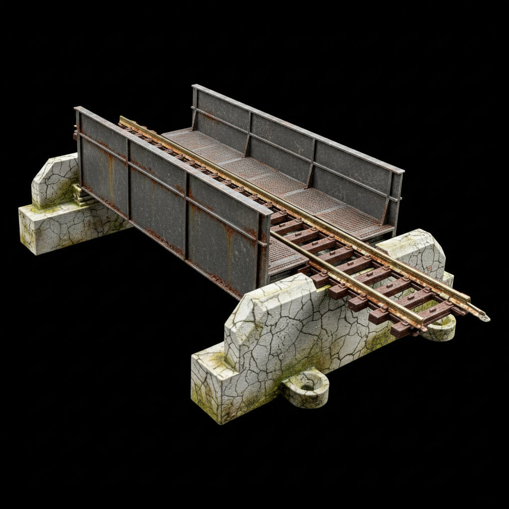 Realistisch gealterte Trogbrücke im Maßstab H0 mit Rost- und Betoneffekten als Gestaltungsbeispiel für Modellbauer.