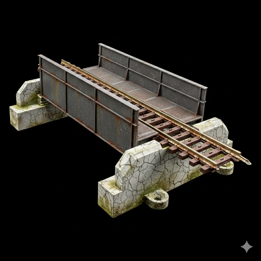 Visualisierung einer verwitterten Eisenbahnbrücke für Spur H0, Darstellung von Details und Texturen nach der Bemalung.