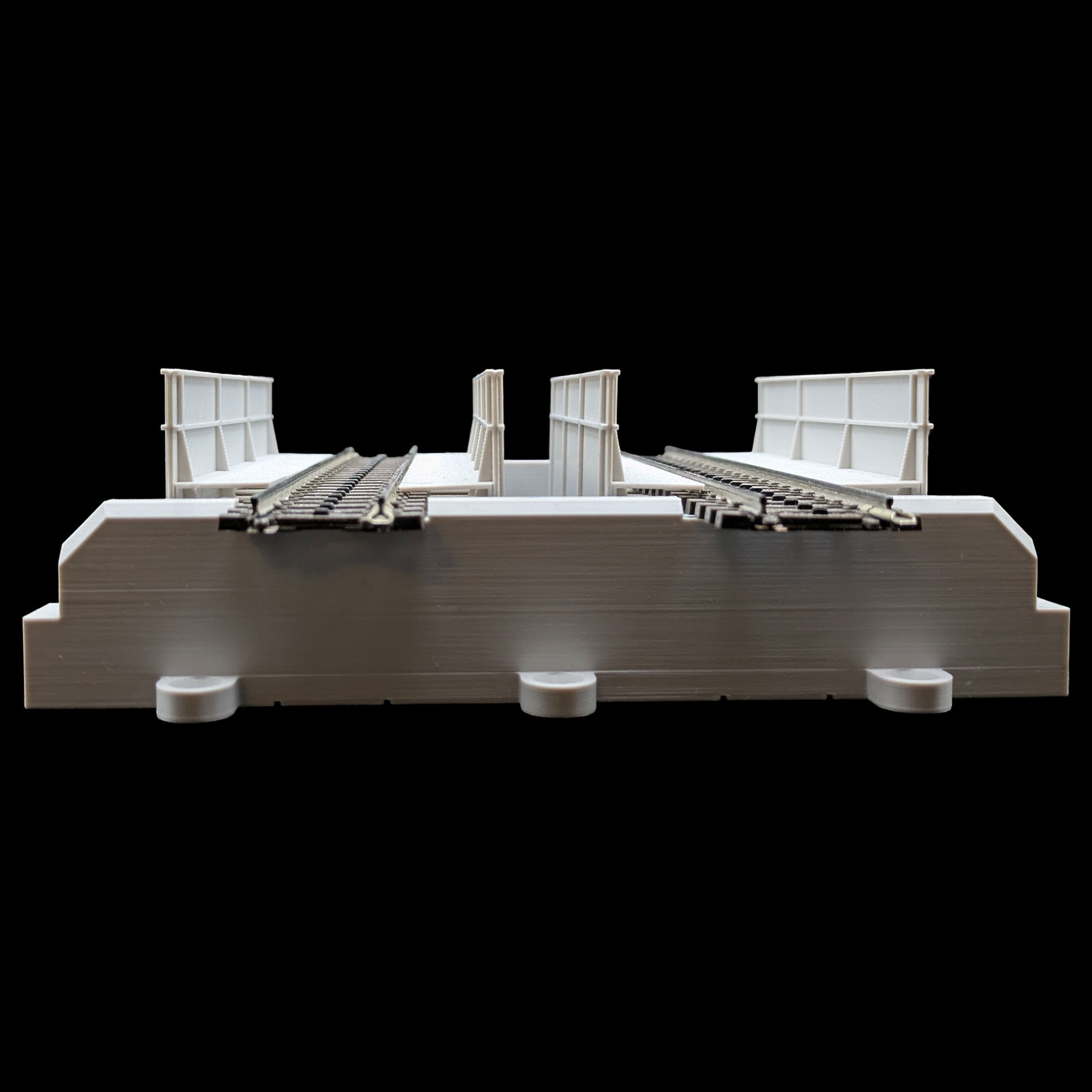 Perspektivische Darstellung einer zweigleisigen Eisenbahnbrücke für Spur H0, ideal für zweispurige Hauptstrecken auf der Modelleisenbahn.