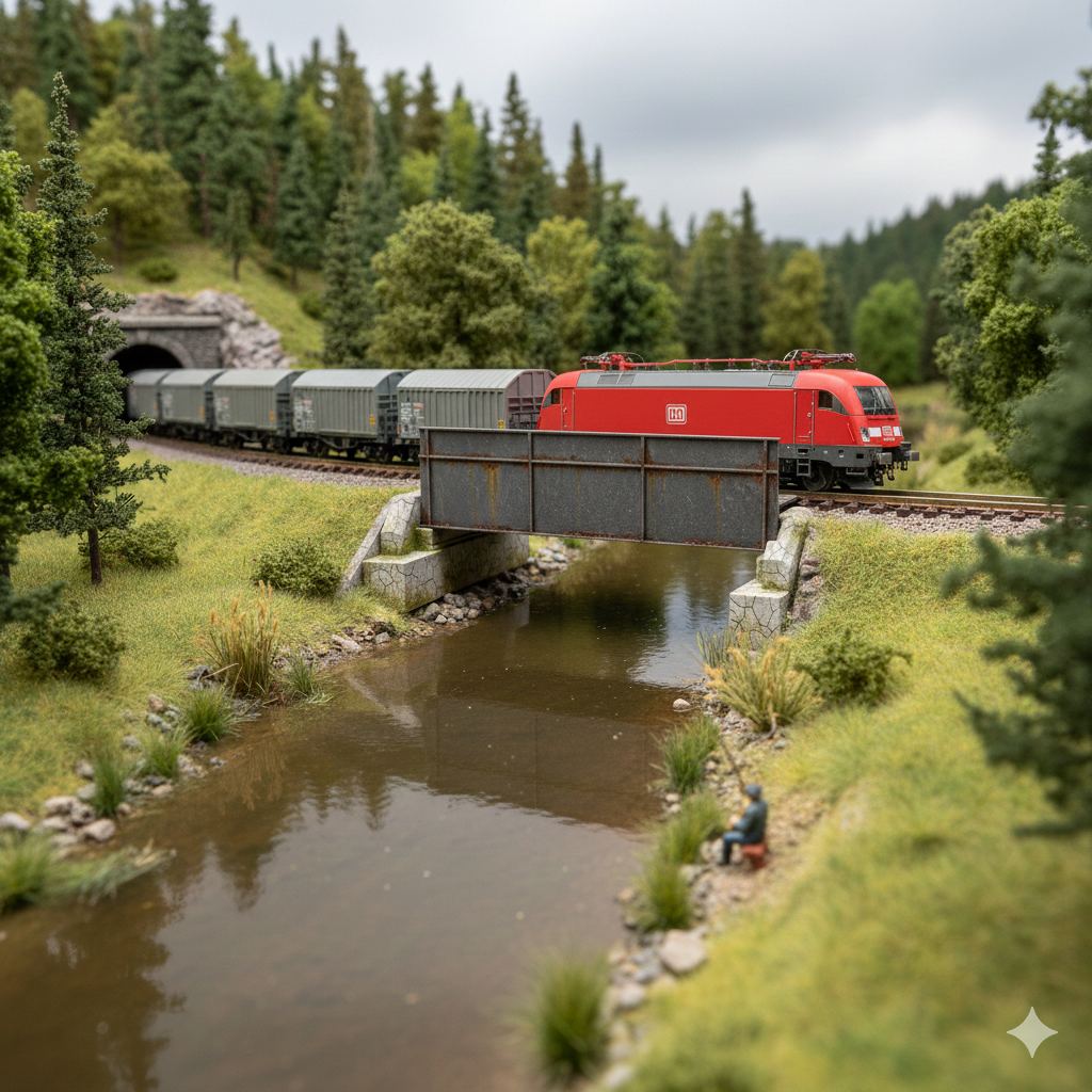 Eingleisige Trogbrücke in einem H0-Diorama über einem Fluss, integriert in eine realistische Landschaft mit Bahndamm.