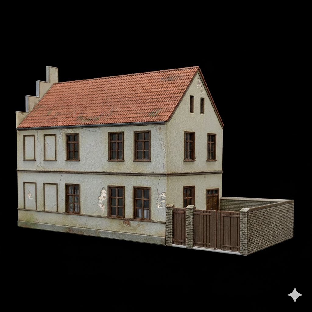 Realistisch patiniertes H0 Stadthaus mit Alterungsspuren, Treppengiebel und beleuchtetem Schaufenster.
