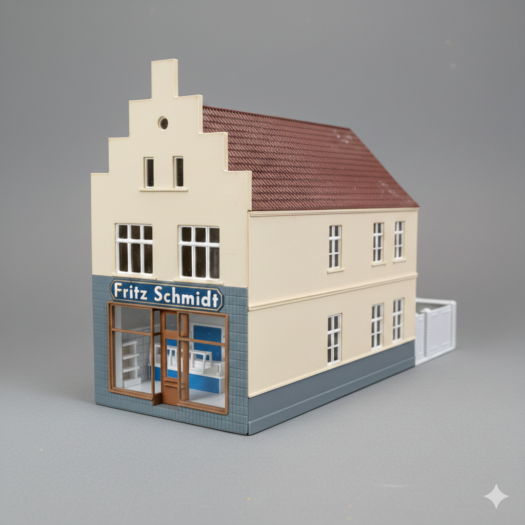 Farblich gestaltetes Anwendungsbeispiel des H0 Stadthauses als Metzgerei "Fritz Schmidt".