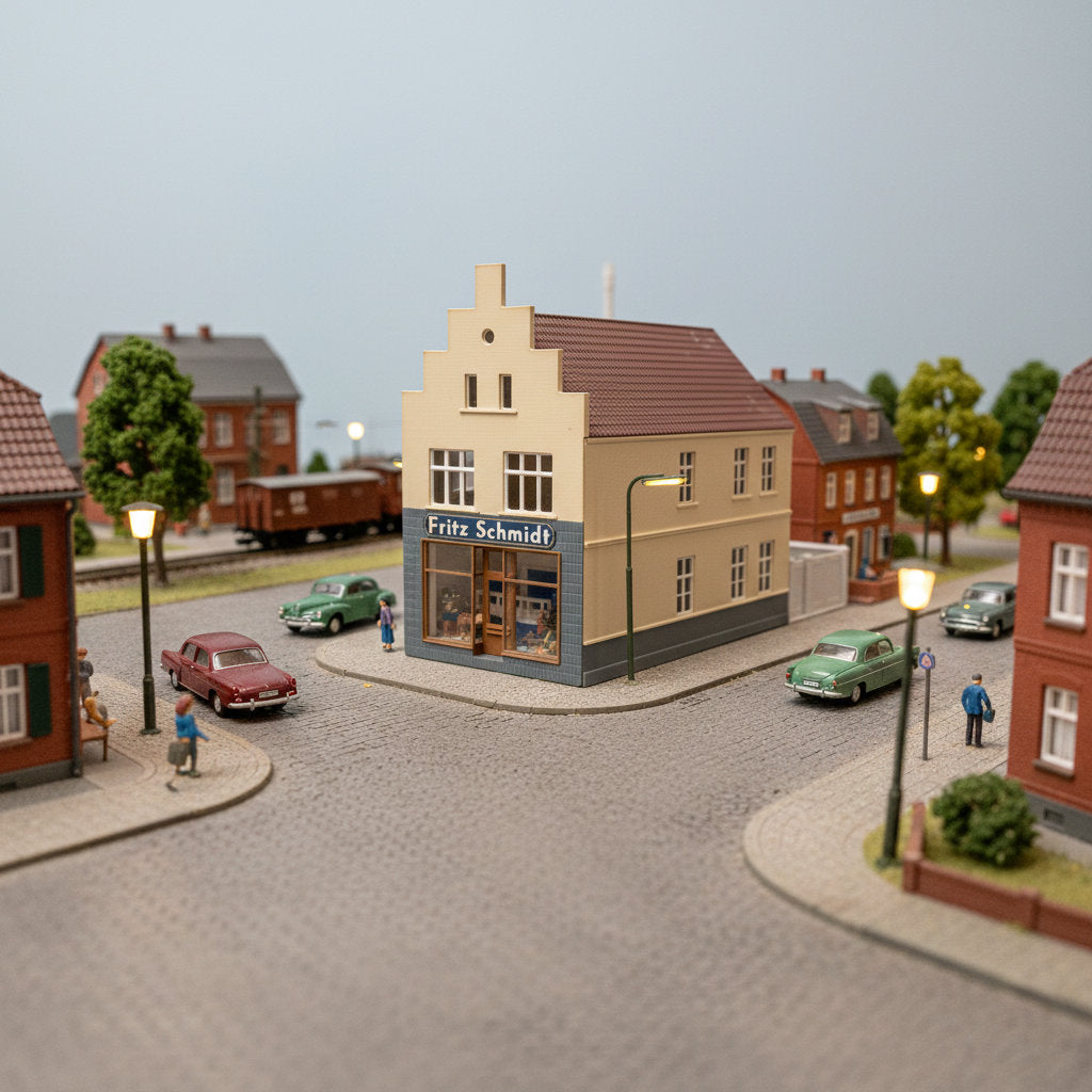 Das H0 Stadthaus integriert in eine realistische Modellbahn-Stadtszene mit Autos und Figuren.