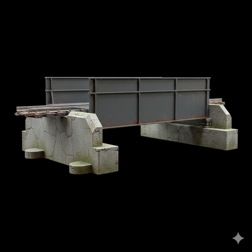 Realistisch gealterte Trogbrücke im Maßstab H0 mit Rost- und Betoneffekten als Gestaltungsbeispiel für Modellbauer.