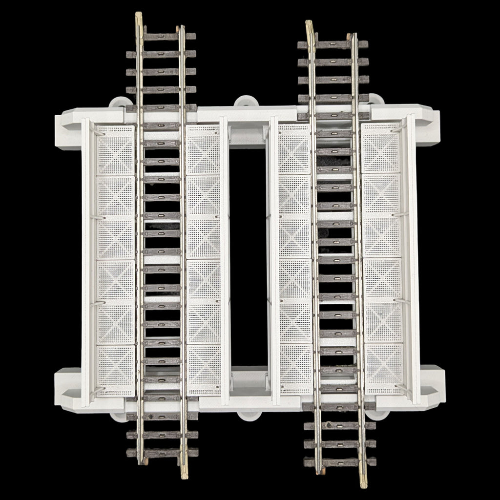 Zweigleisige Trogbrücke für Spur H0 (1:87) aus dem 3D-Drucker, detaillierte Draufsicht auf beide Gleisbetten und die Gitterstruktur.
