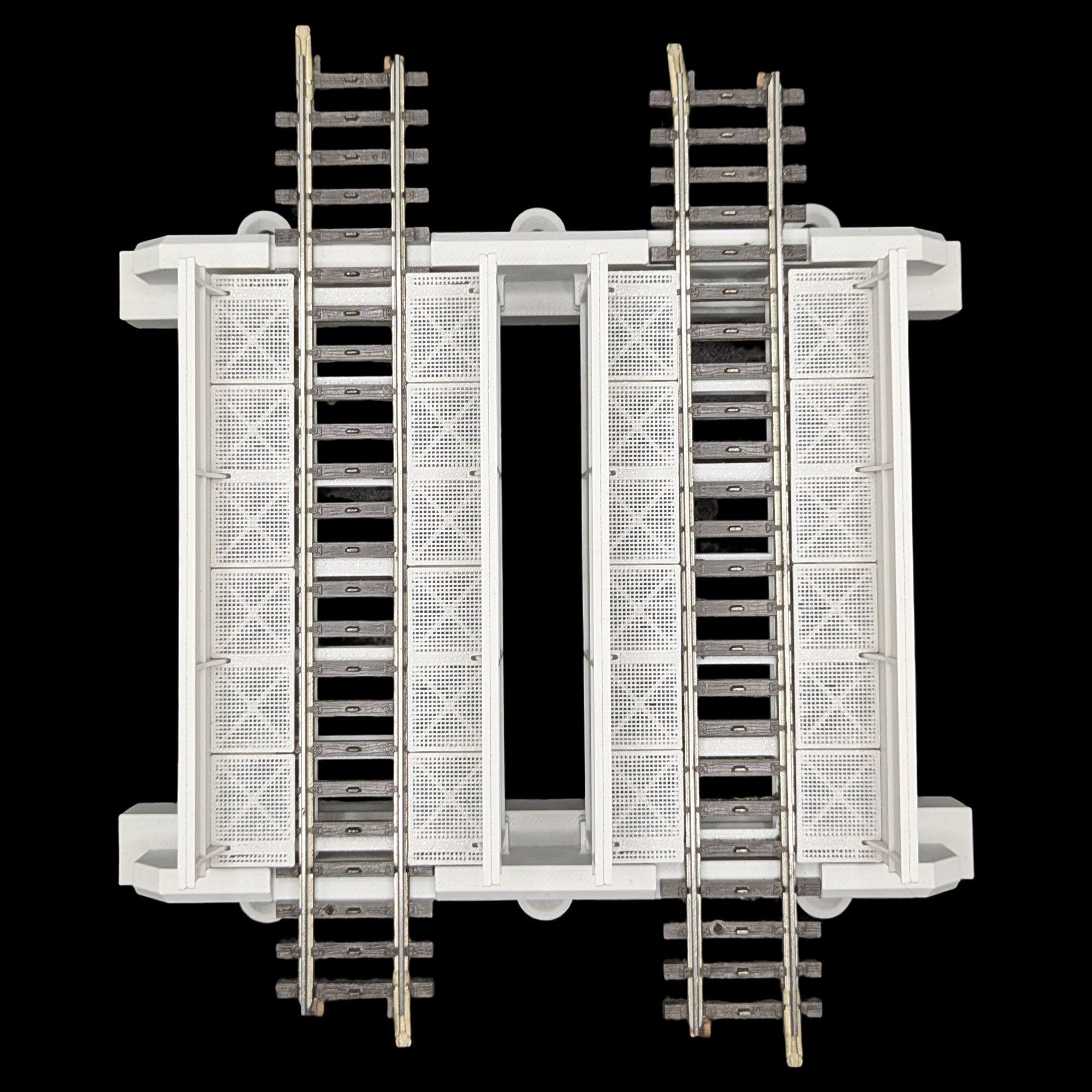 Zweigleisige Trogbrücke für Spur H0 (1:87) aus dem 3D-Drucker, detaillierte Draufsicht auf beide Gleisbetten und die Gitterstruktur.