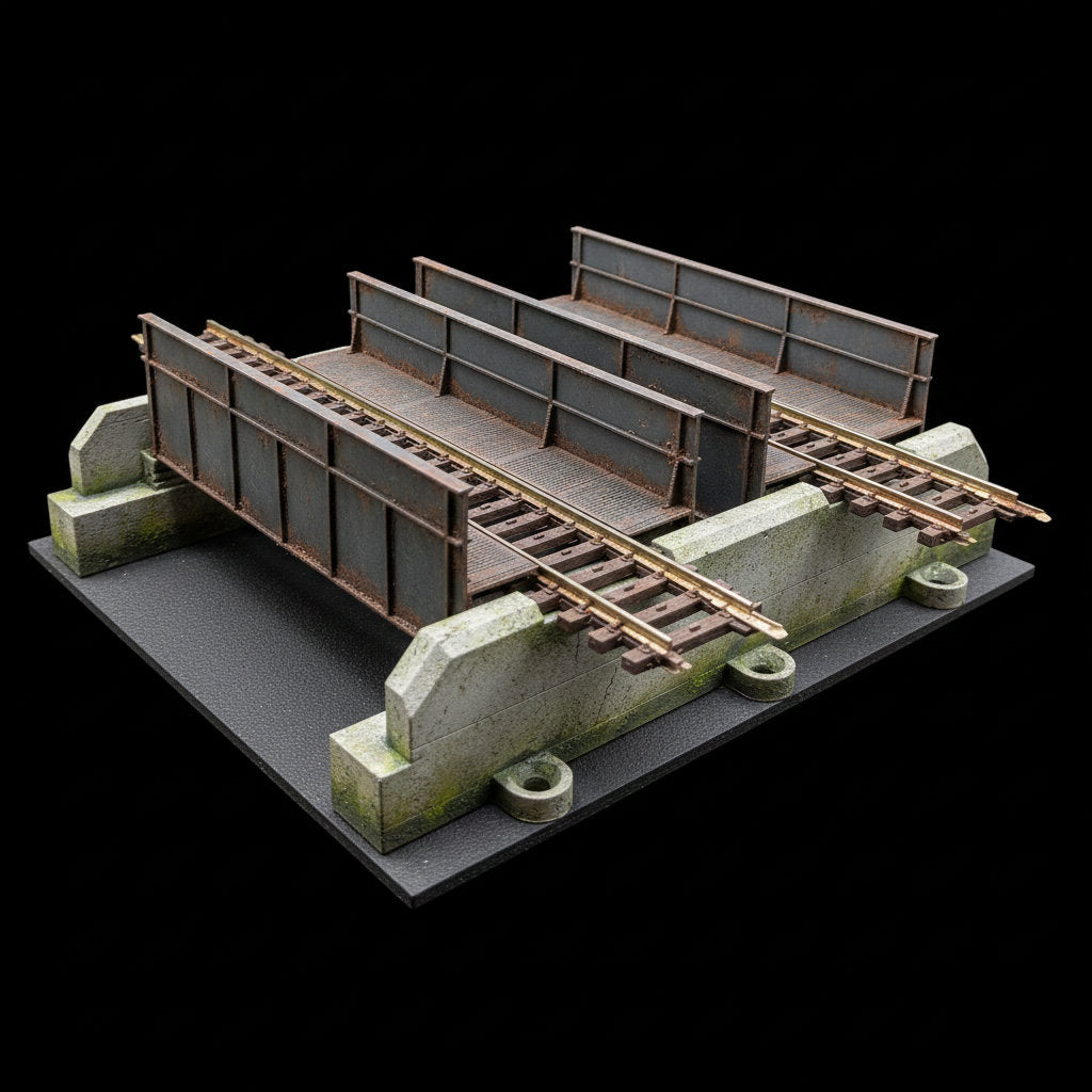 Professionell gealterte zweigleisige H0 Trogbrücke mit Rosteffekten in einem realistischen Diorama mit Bachlauf und Wald.