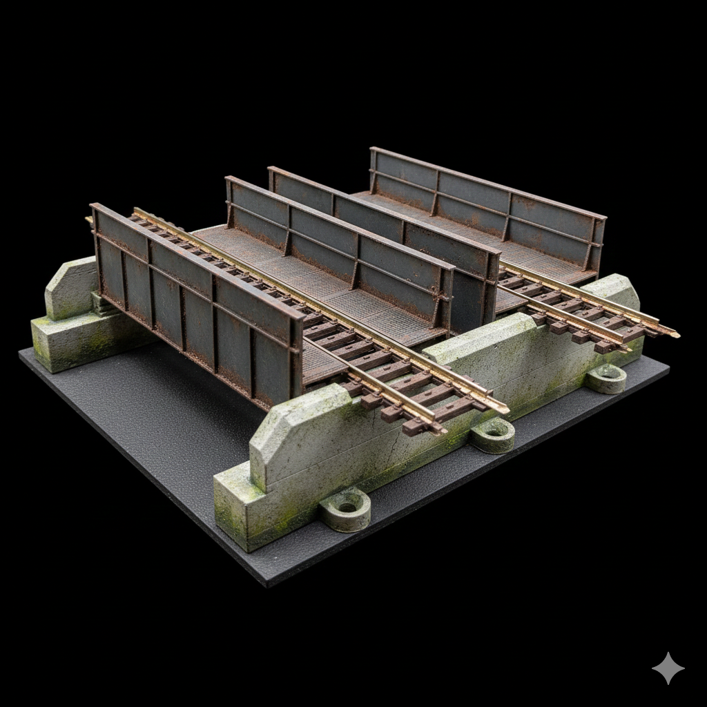 Professionell gealterte zweigleisige H0 Trogbrücke mit Rosteffekten in einem realistischen Diorama mit Bachlauf und Wald.