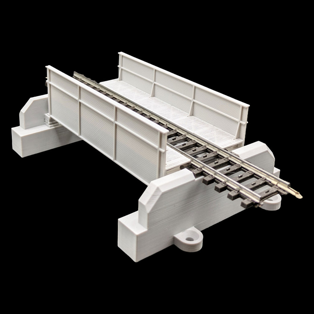 Detailaufnahme einer eingleisigen Trogbrücke für Spur H0 aus dem 3D-Drucker, schräge Frontansicht.