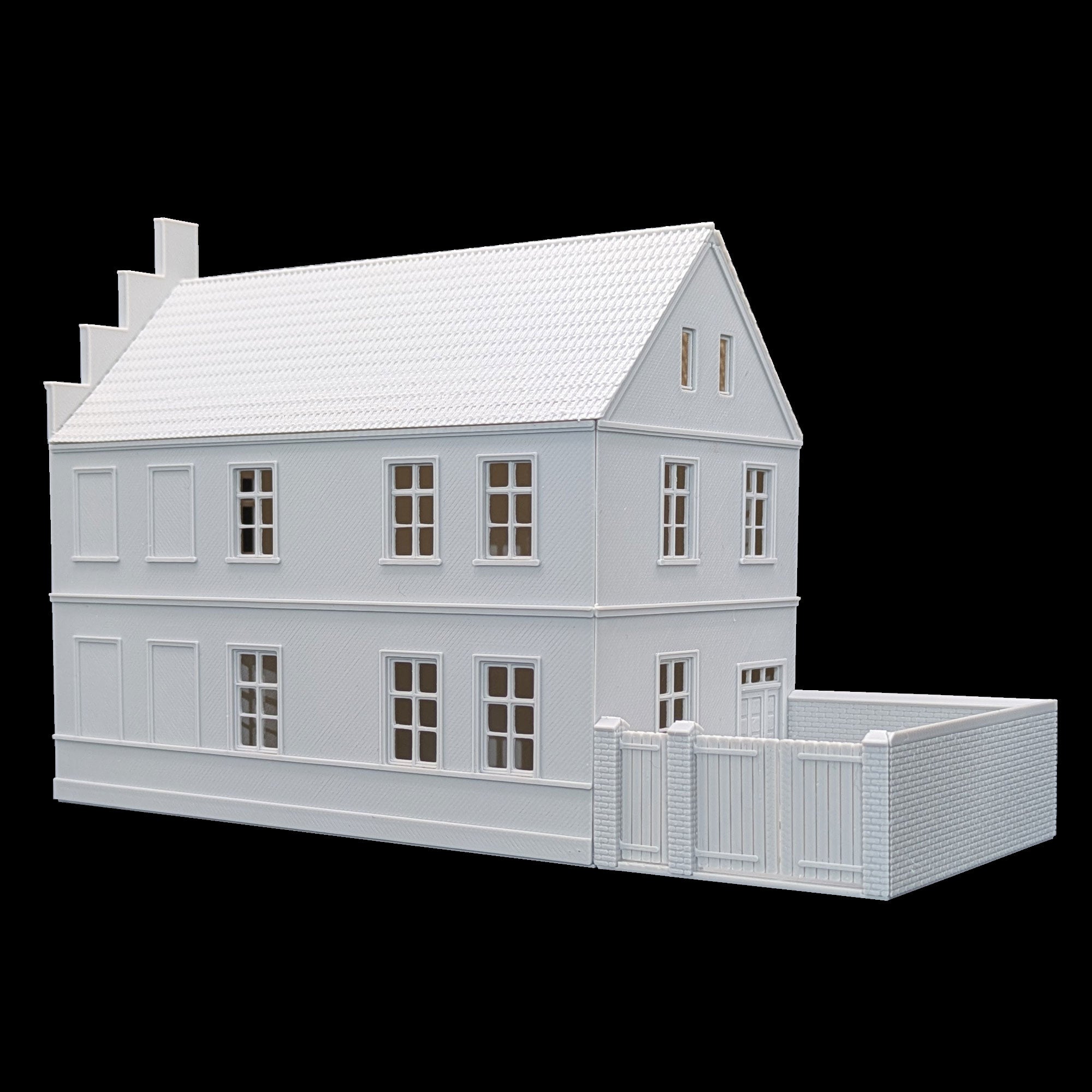 Rückansicht eines zweistöckigen Modellhauses mit angeschlossenem Hinterhof und kleiner Backsteinmauer.