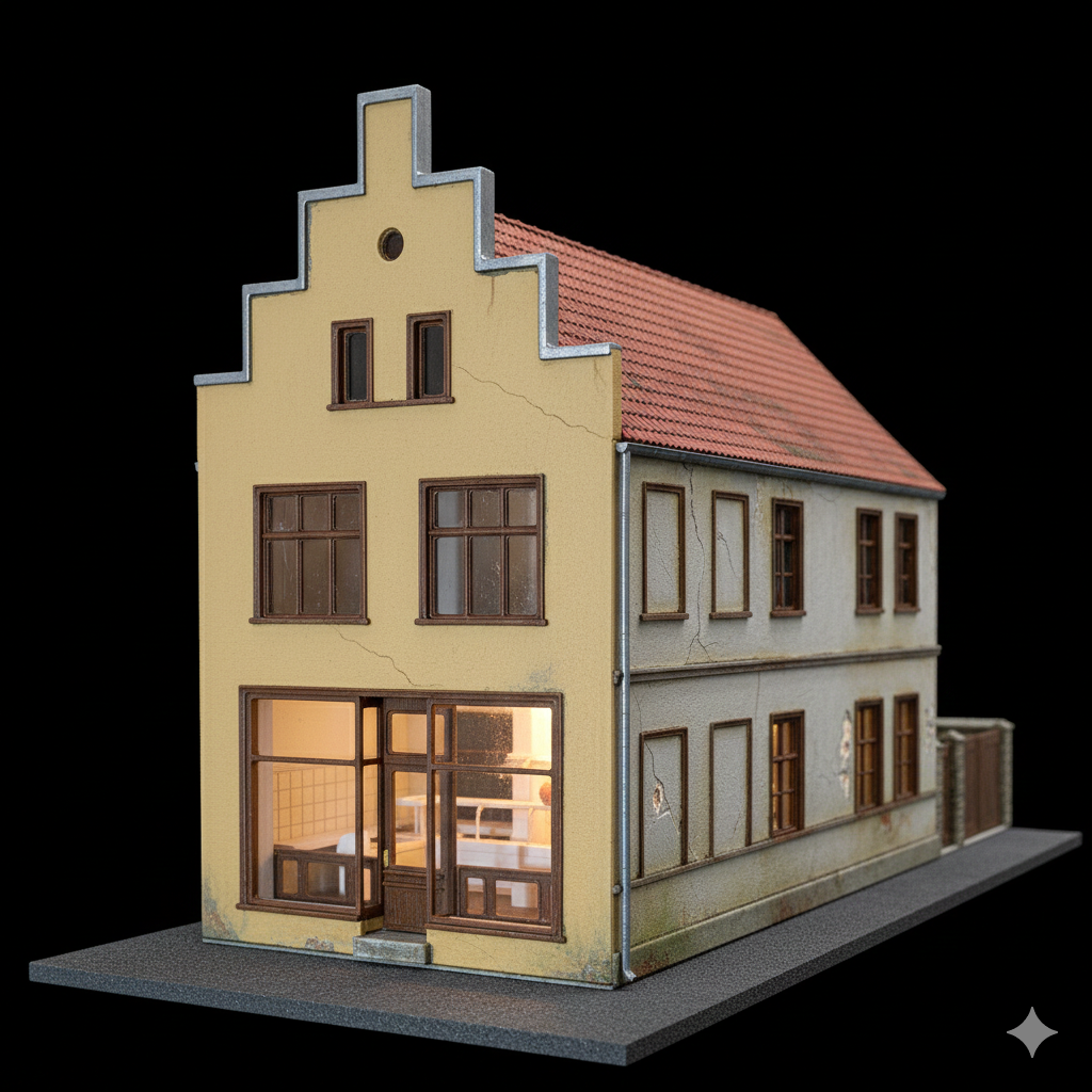 Realistisch patiniertes H0 Stadthaus mit Alterungsspuren, Treppengiebel und beleuchtetem Schaufenster.