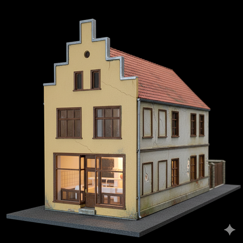 Realistisch patiniertes H0 Stadthaus mit Alterungsspuren, Treppengiebel und beleuchtetem Schaufenster.