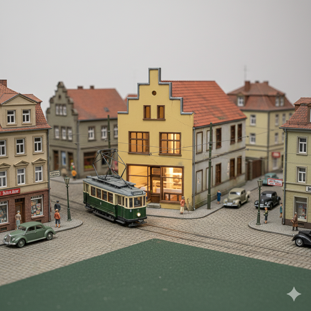 Belebte TT Modelleisenbahn-Anlage mit Stadthäusern, historischer Straßenbahn, Autos und Miniatur-Figuren.
