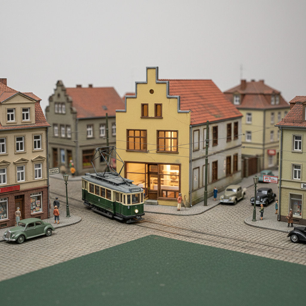 Belebte H0 Modelleisenbahn-Anlage mit Stadthäusern, historischer Straßenbahn, Autos und Miniatur-Figuren.