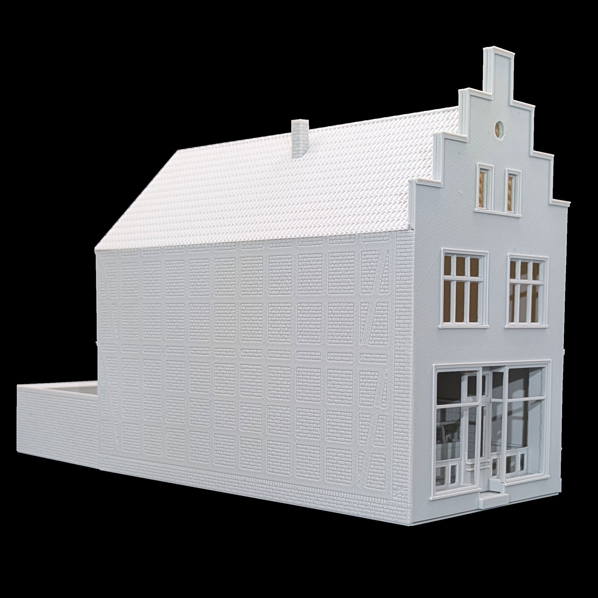 Detailansicht der Seitenwand eines Modellhauses mit eingeprägter Fachwerk-Struktur für realistische Gestaltung.