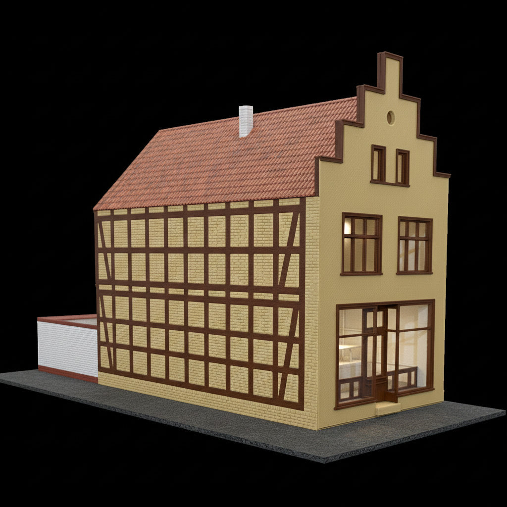 Beispiel für ein fertig montiertes und bemaltes H0 Modellhaus mit gelber Fassade und braunem Fachwerk.