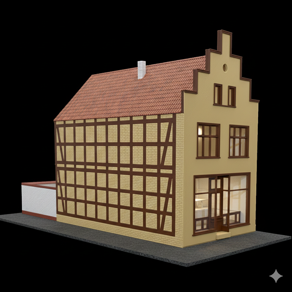 Beispiel für ein fertig montiertes und bemaltes H0 Modellhaus mit gelber Fassade und braunem Fachwerk.