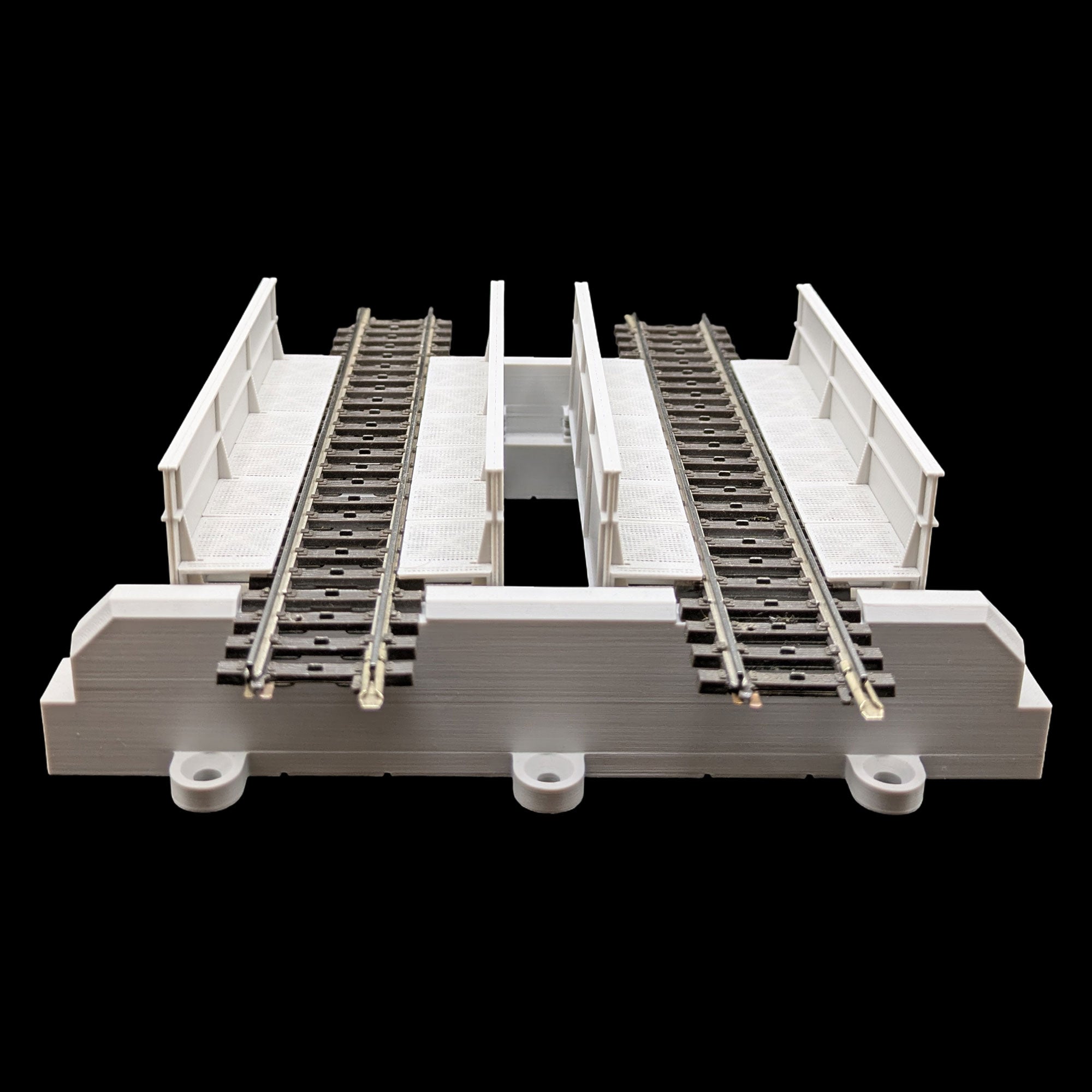 Blick entlang der zwei Gleistrassen der H0 Trogbrücke, Darstellung der Laufwege und Schienenführung im Trog.