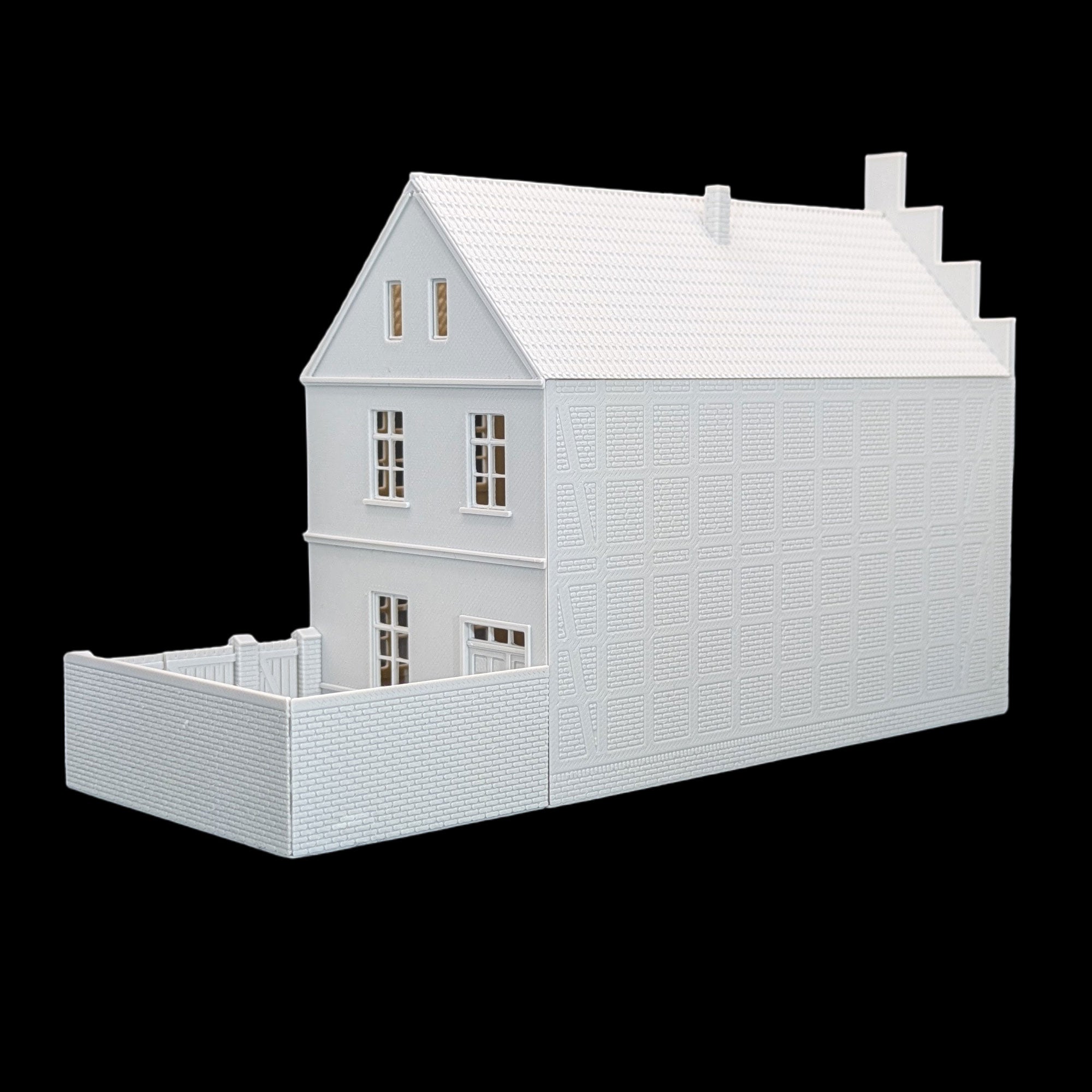 Perspektivische Ansicht der Seitenwand mit feiner Ziegelstruktur für realistische Modellbahngestaltung.